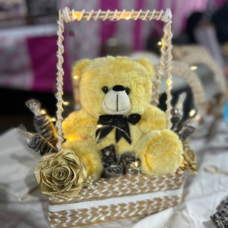 Golden Glow Teddy Gift Basket – Chocolate & Light Decor Hamper